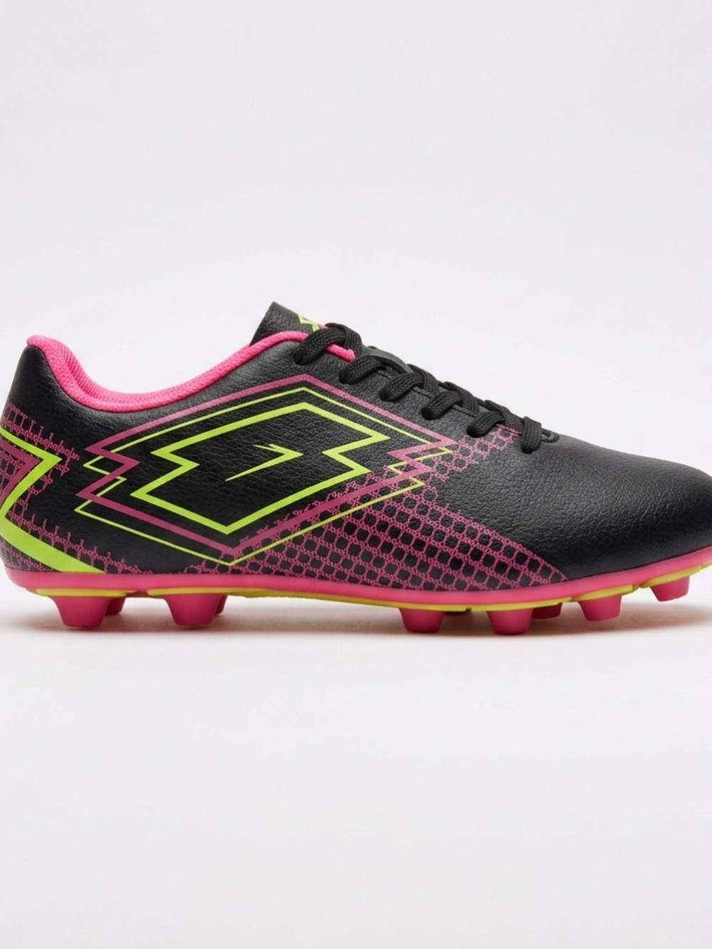 Kids Black Soccer Sneakers with Pink & Neon Trim